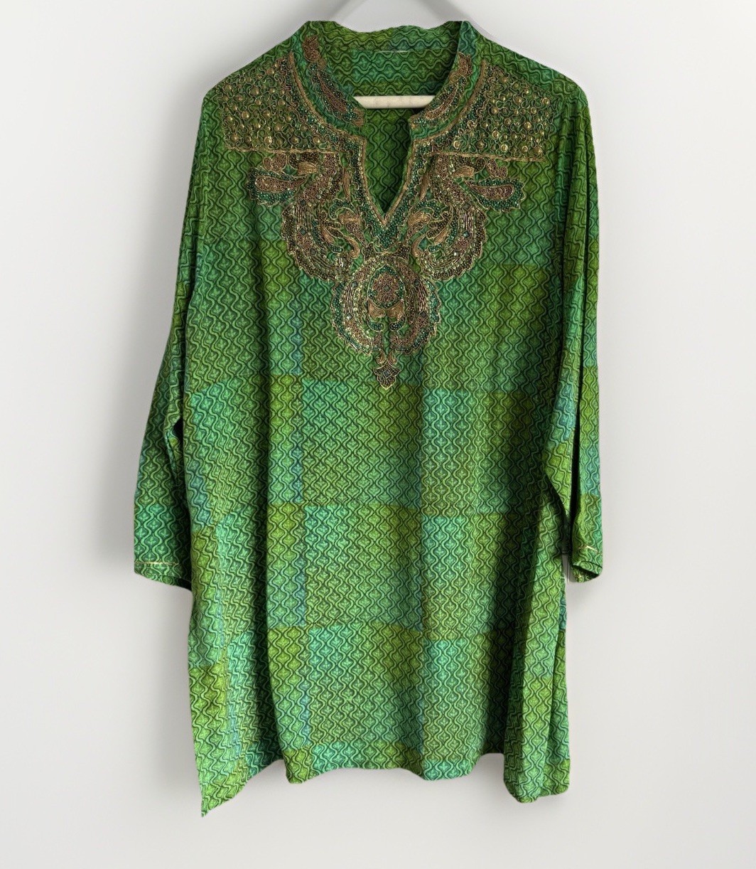Christina Indian Kurti (Tunic) In Green Crepe De Chine With Zari Work XL