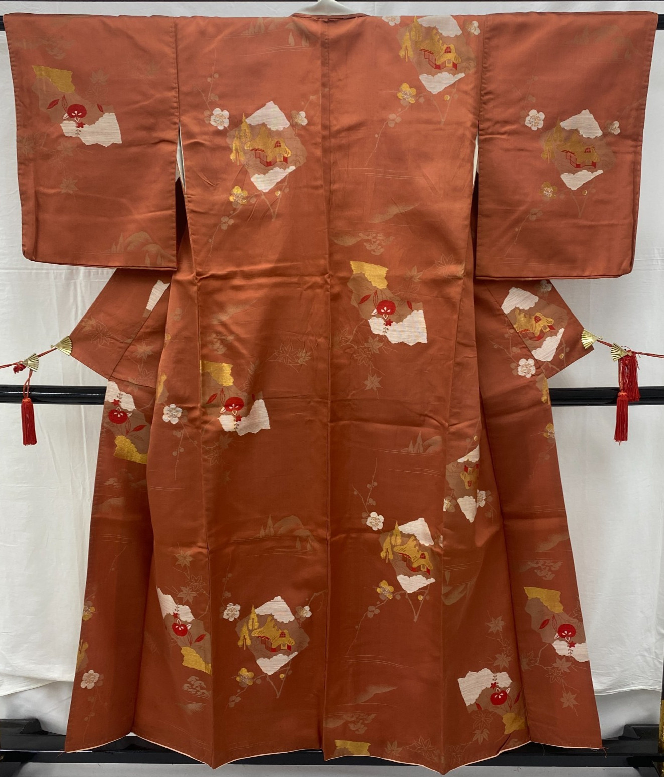 Japanese Vintage Kimono Polyester Brown Komon Traditional Authentic Length 59in