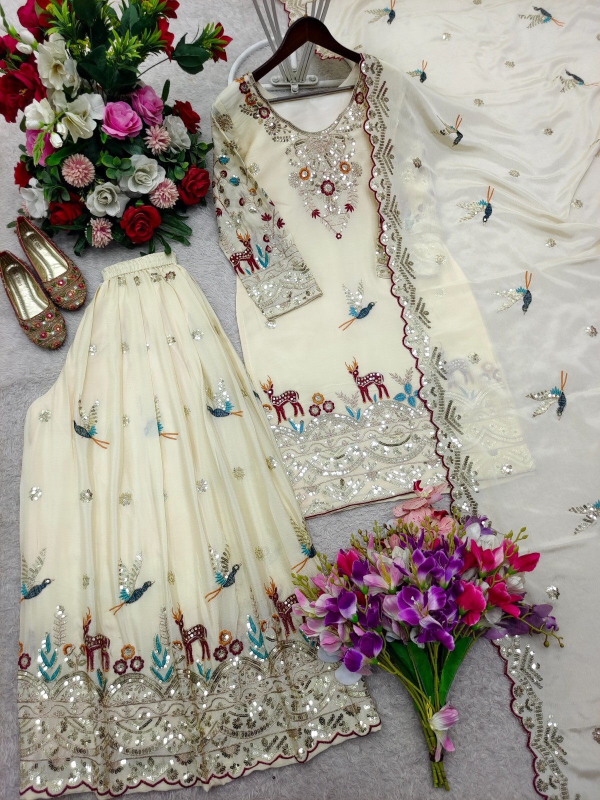 New Chinon Silk Off White Top Palazzo With Dupatta For Reception Wear
