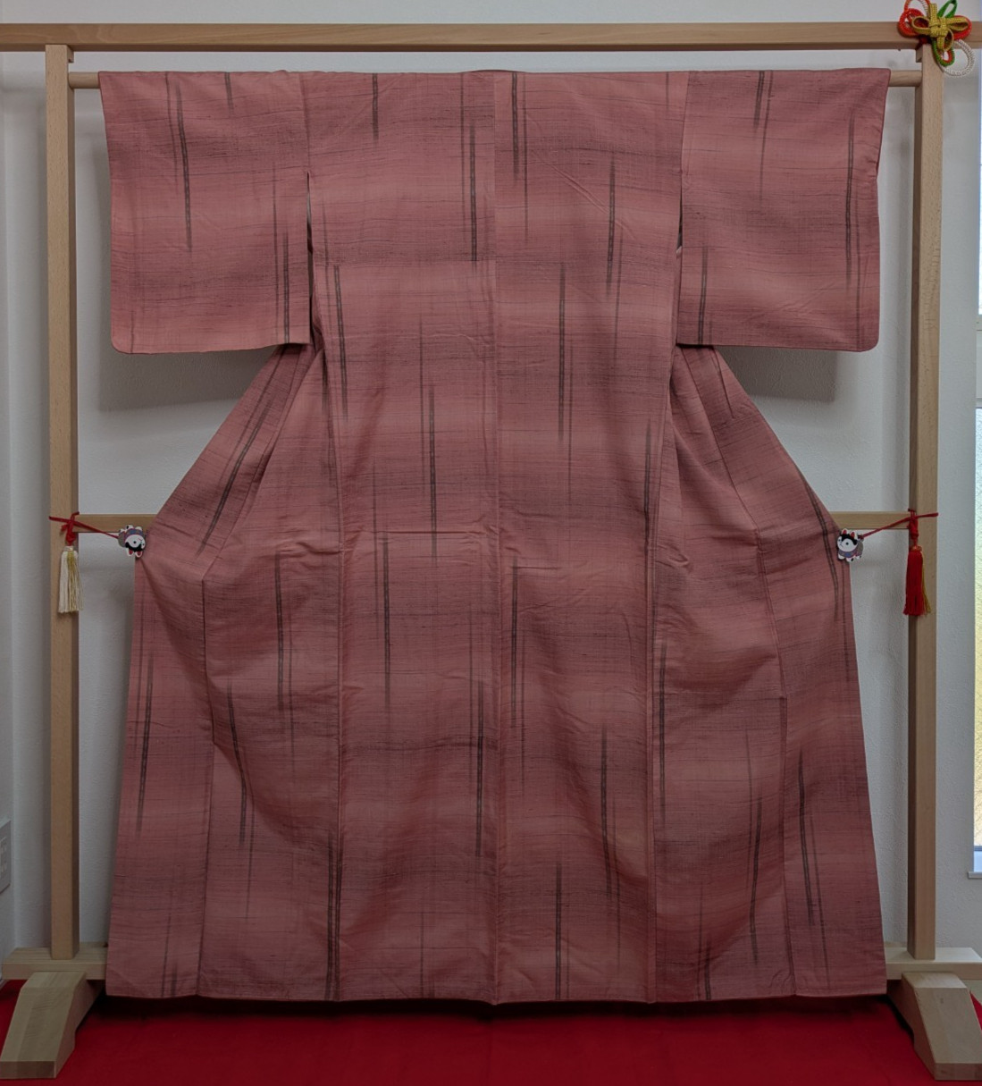 Vintage Japanese Kimono Silk Tsumugi Red Hand-woven Black Stripes Textile Art