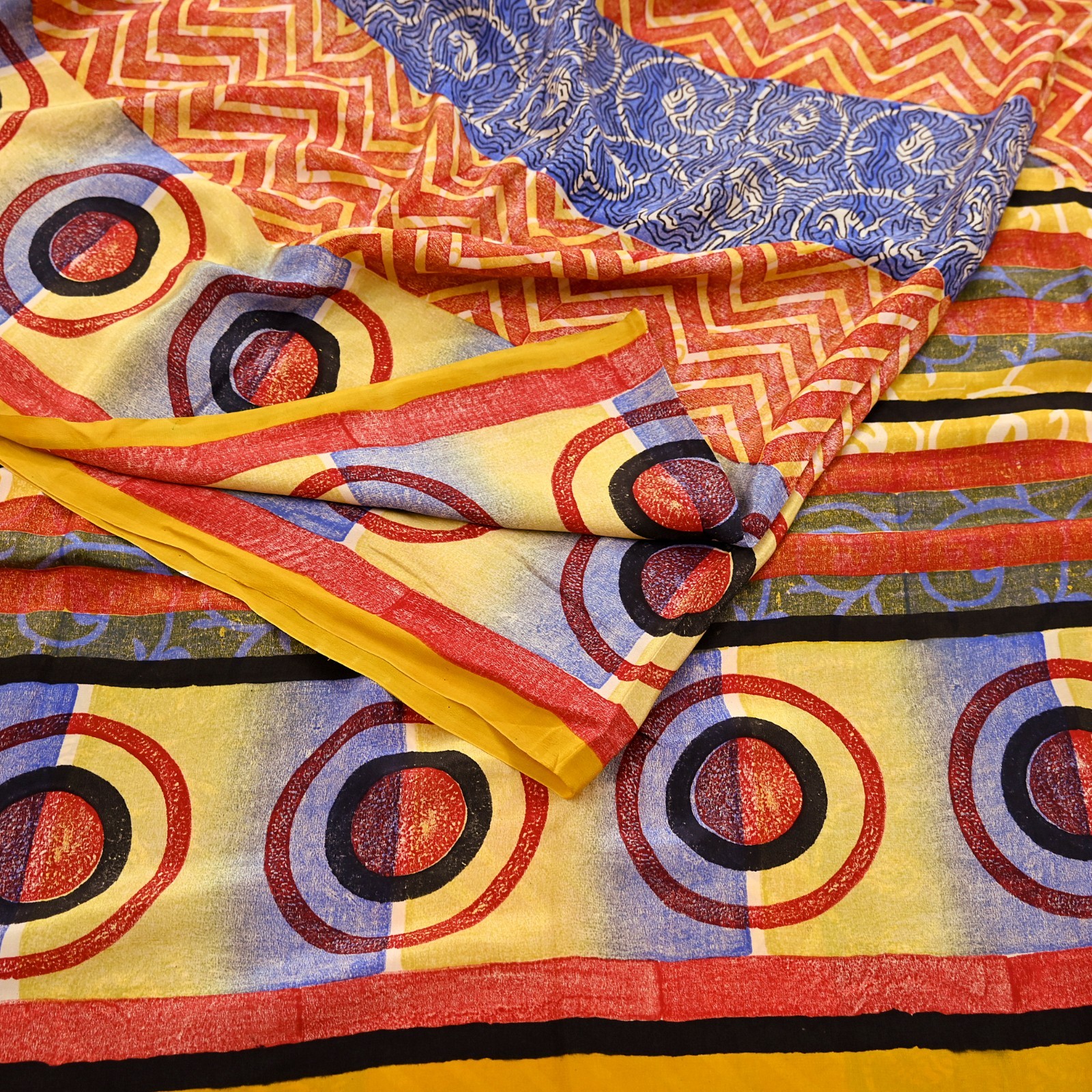 Vintage Yellow Blue Red Crepe Silk Saree Pure Printed Indian Silk Fabric 5 Yard