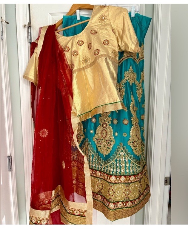 Indian Pakistani Teal Red Gold Ghaghara With Net Duputta L