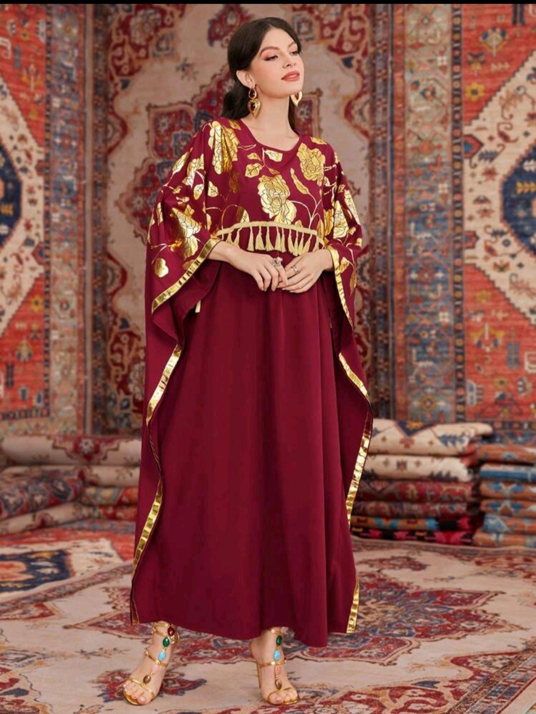 Handmade Women’s Burgundy/Gold Kaftan Maxi Dress, One Size, Floral, Fringe