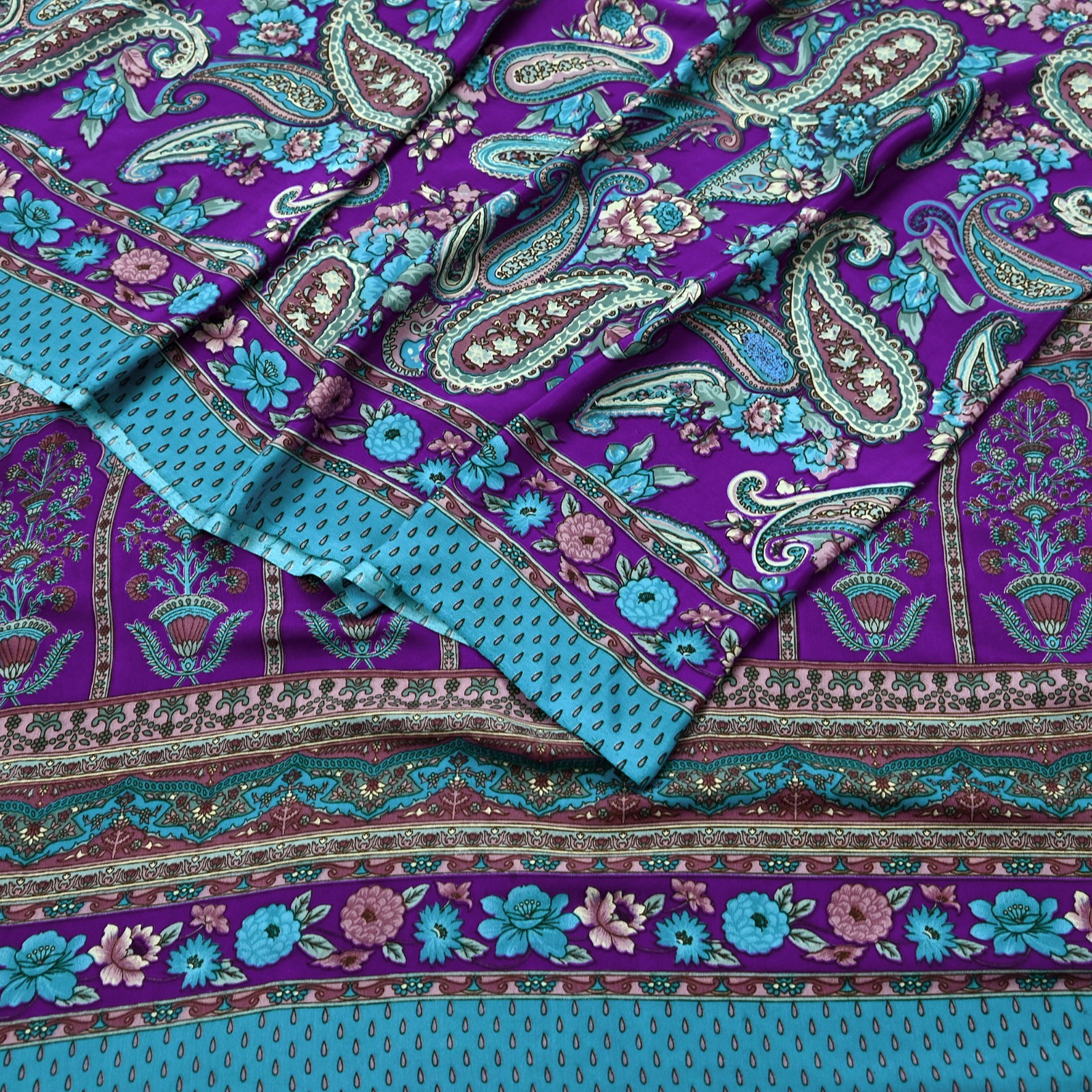 Indian Vintage Purple & Blue Moss Crepe Saree Printed Floral Sari Fabric 6 Yards