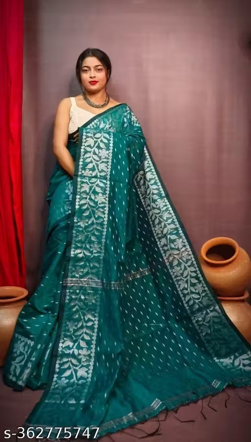 Traditional Bengali Handmade Jamdani Saree With Unstitched Bloused Wedding Wear