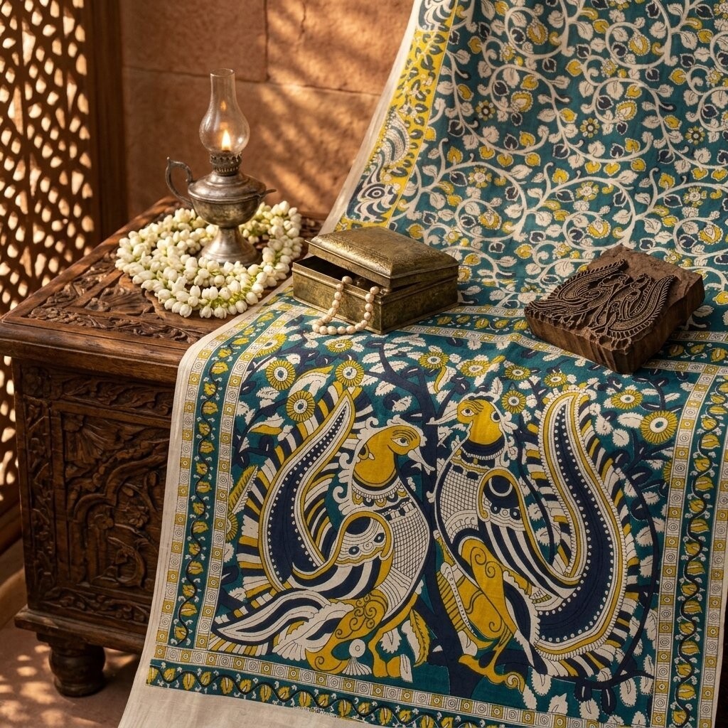 Sanskriti Vintage Saree Blue Pure Cotton Handmade Kalamkari Peacock Sari Fabric