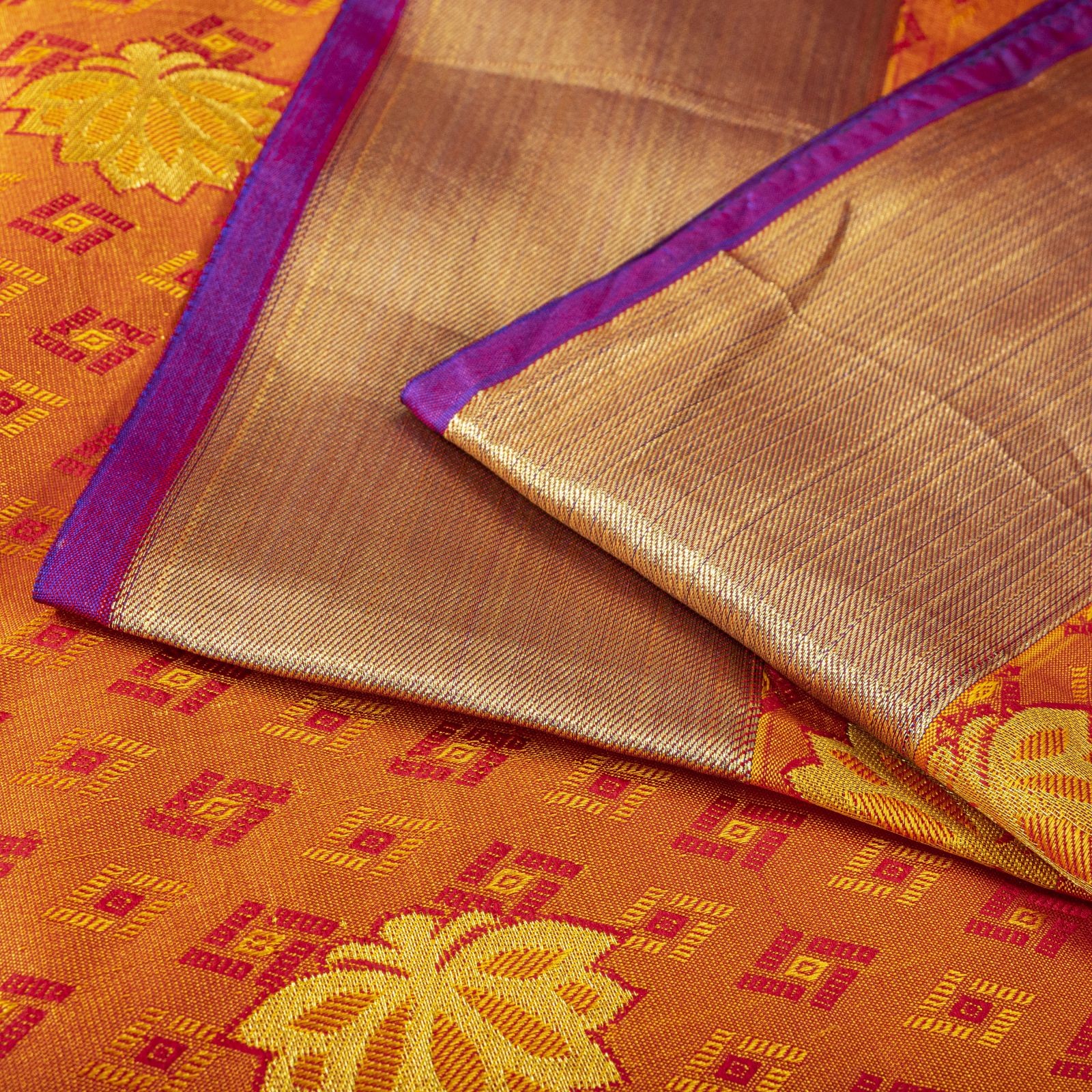 Sanskriti Vintage Saree Orange Art Silk Kanchipuram Brocade Zari Hand Woven Sari