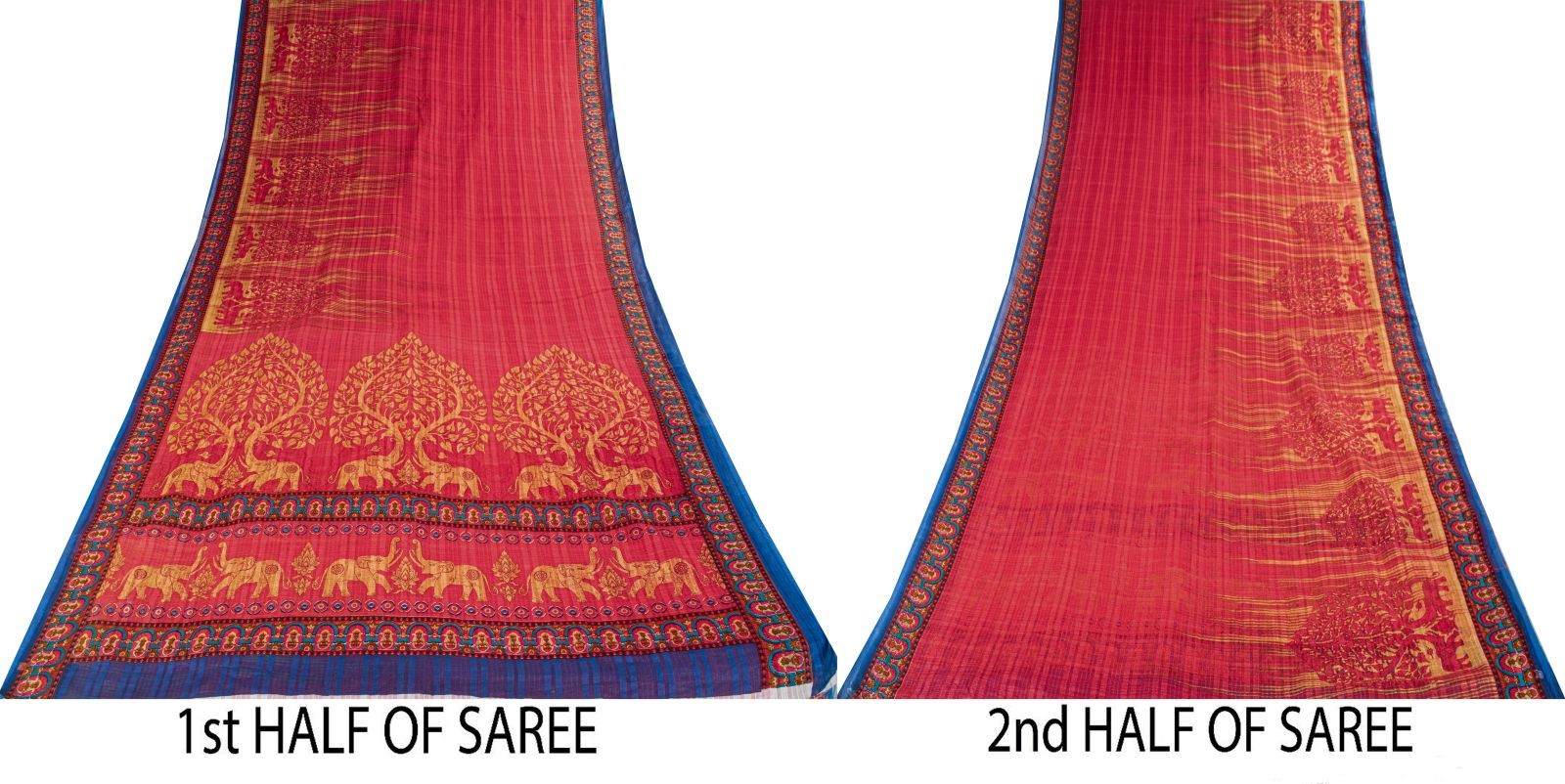 Sanskriti Vintage Saree Red Pure Cotton Elephant Print Sari Craft Fabric 5+Yard