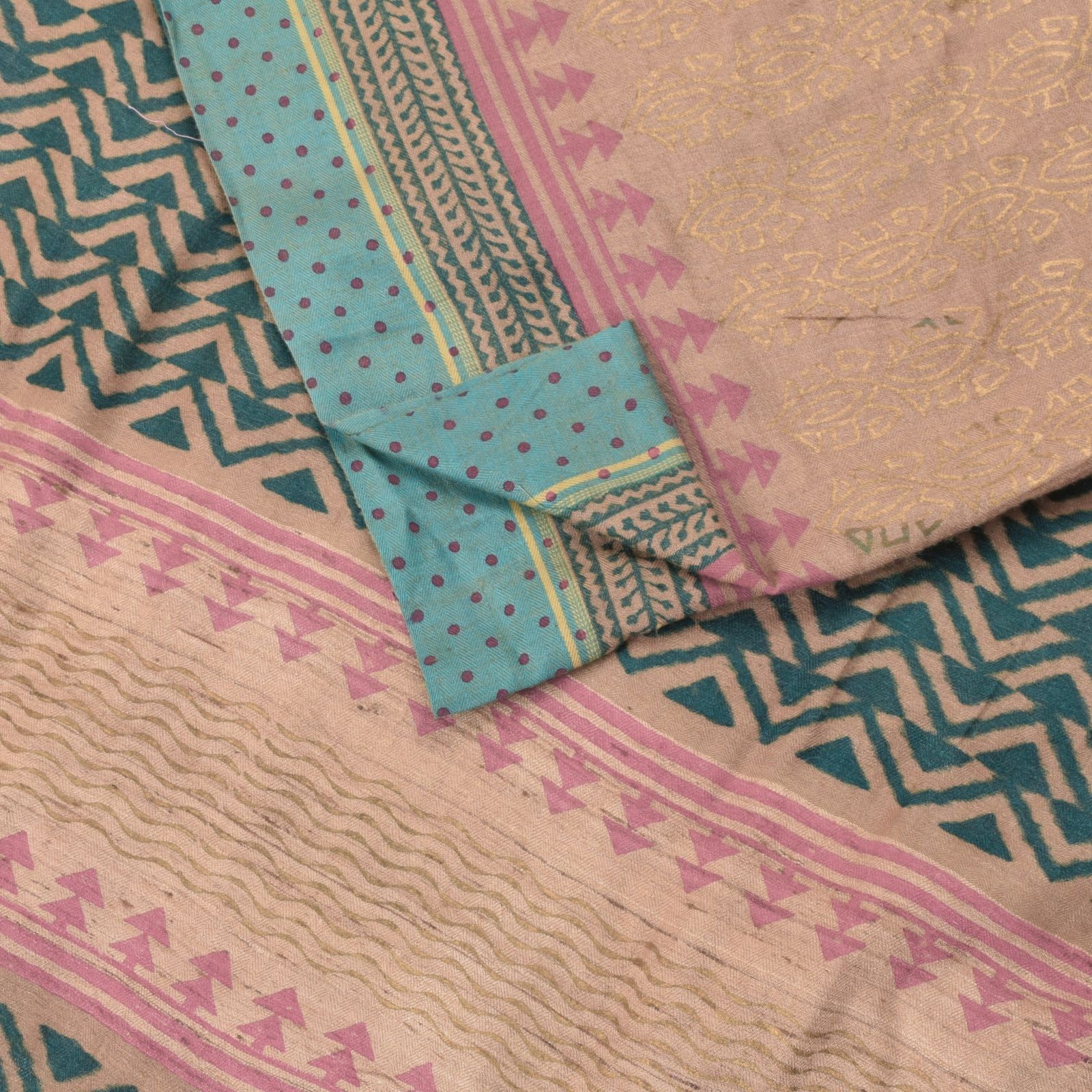 Sanskriti Vintage Peach Soft Pure Woolen Saree Floral Block Printed Sari 5.5+Yd