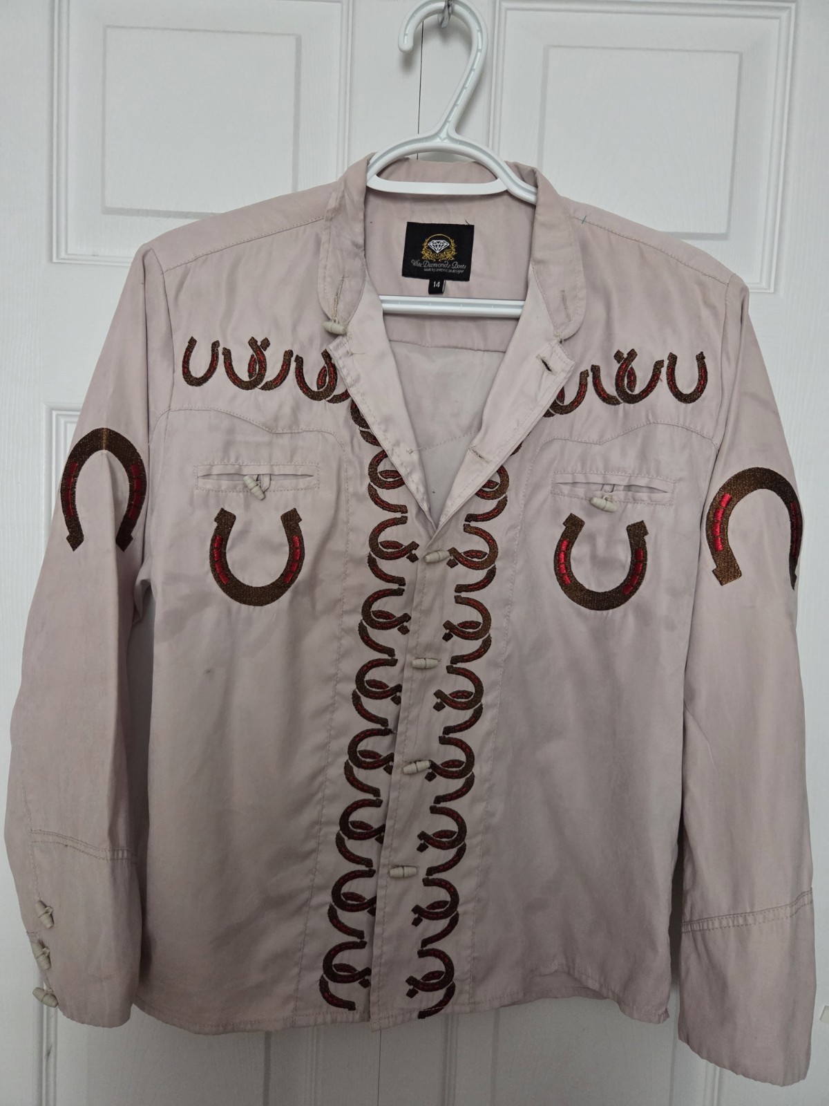 White Diamond Western Cowboy Horseshoes Shirt Emboidered Charro Youth sz 14