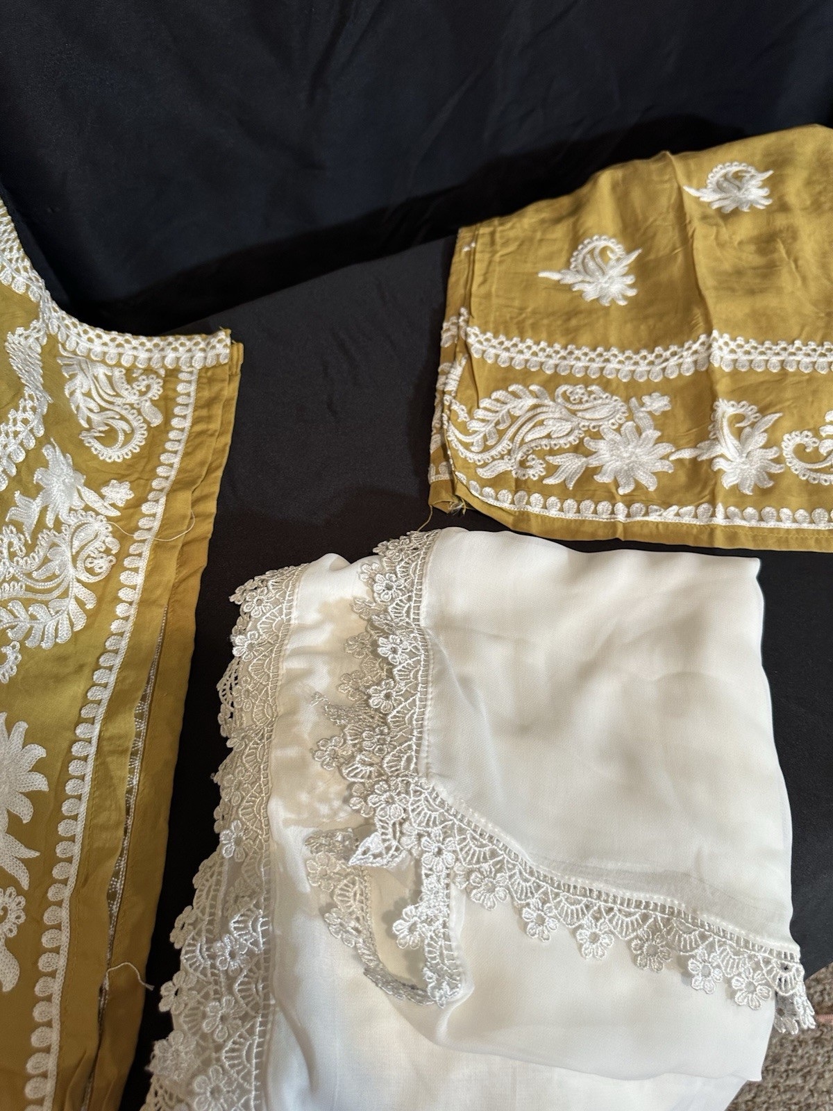 Beautiful soft linen Front & back emb-3 pc suit-emb plazo, laced dupatta-$40