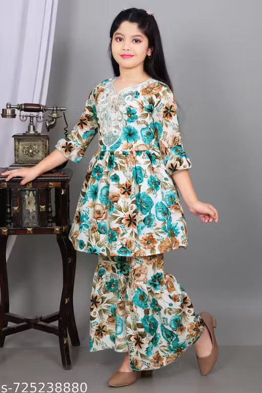 Girls Cotton Floral Kurta Sharara Set with Round Neck & 3/4 Sleeves for Festival