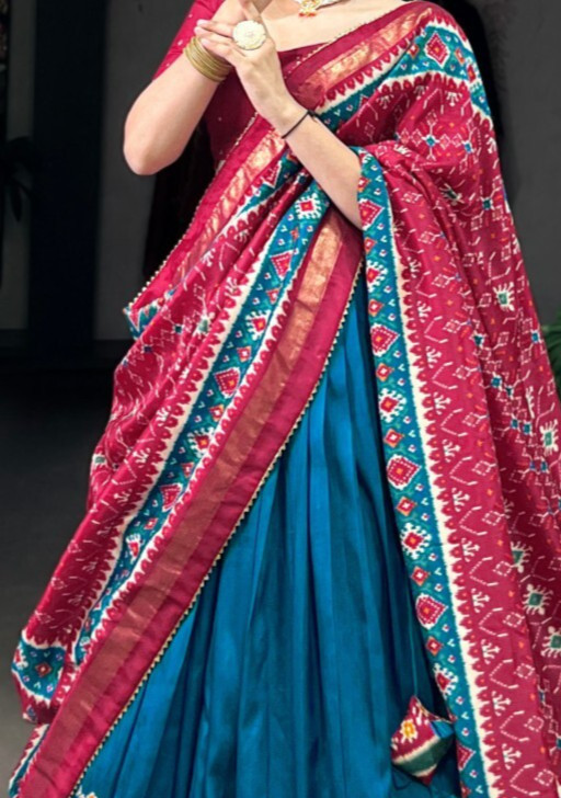 Classic Look Teal Blue Tussar Silk Lehenga Choli With Dupatta For Women & Girls