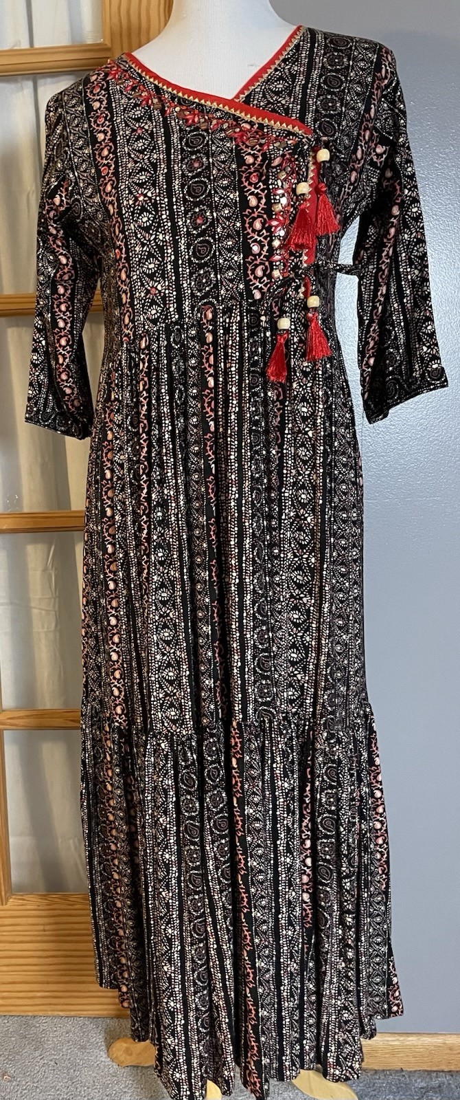 Women’s Tiered Indian Pakistani Kurti Sz L Gray Red Tassels