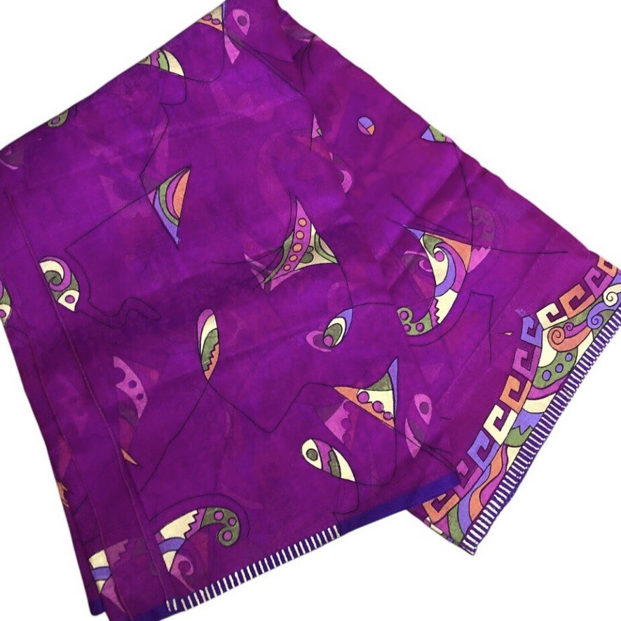 Saree Sari Scarf Material Purple Fuchsia Pink Georgette Sheer Geometric
