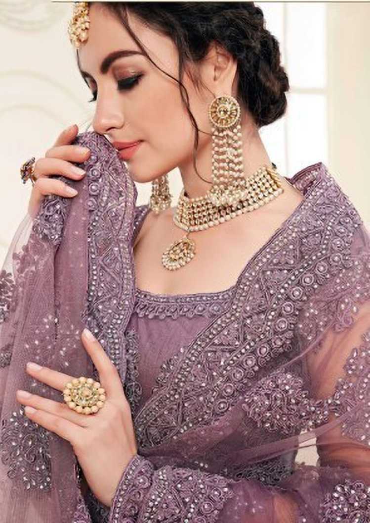 Indian Traditional Bridal Wear Net Embroidery Design Work Purple Lehnga Choli