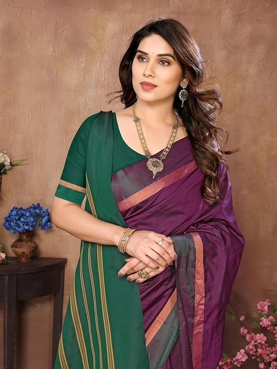 Women’s Striped Pattern Cotton Silk Saree and Unstitched Blouse Piece