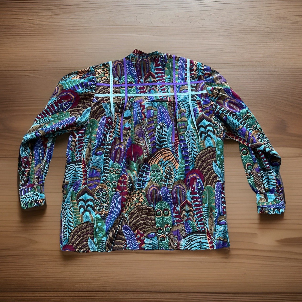 Printed FEATHERS UP Custom Made Ribbon Shirt XL Notch Neck Ruffled Sleeves