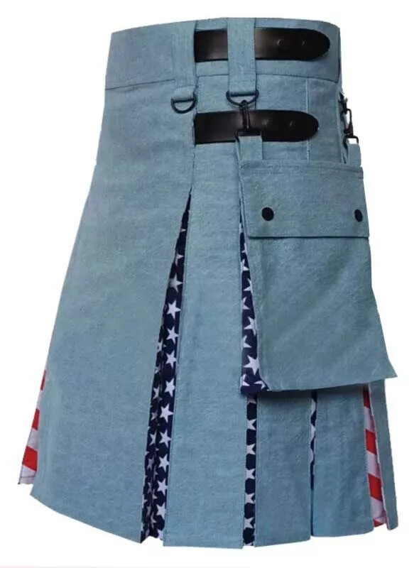 Men’s Handmade Hybrid Kilt Blue Denim USA Flag Custom Measurement-