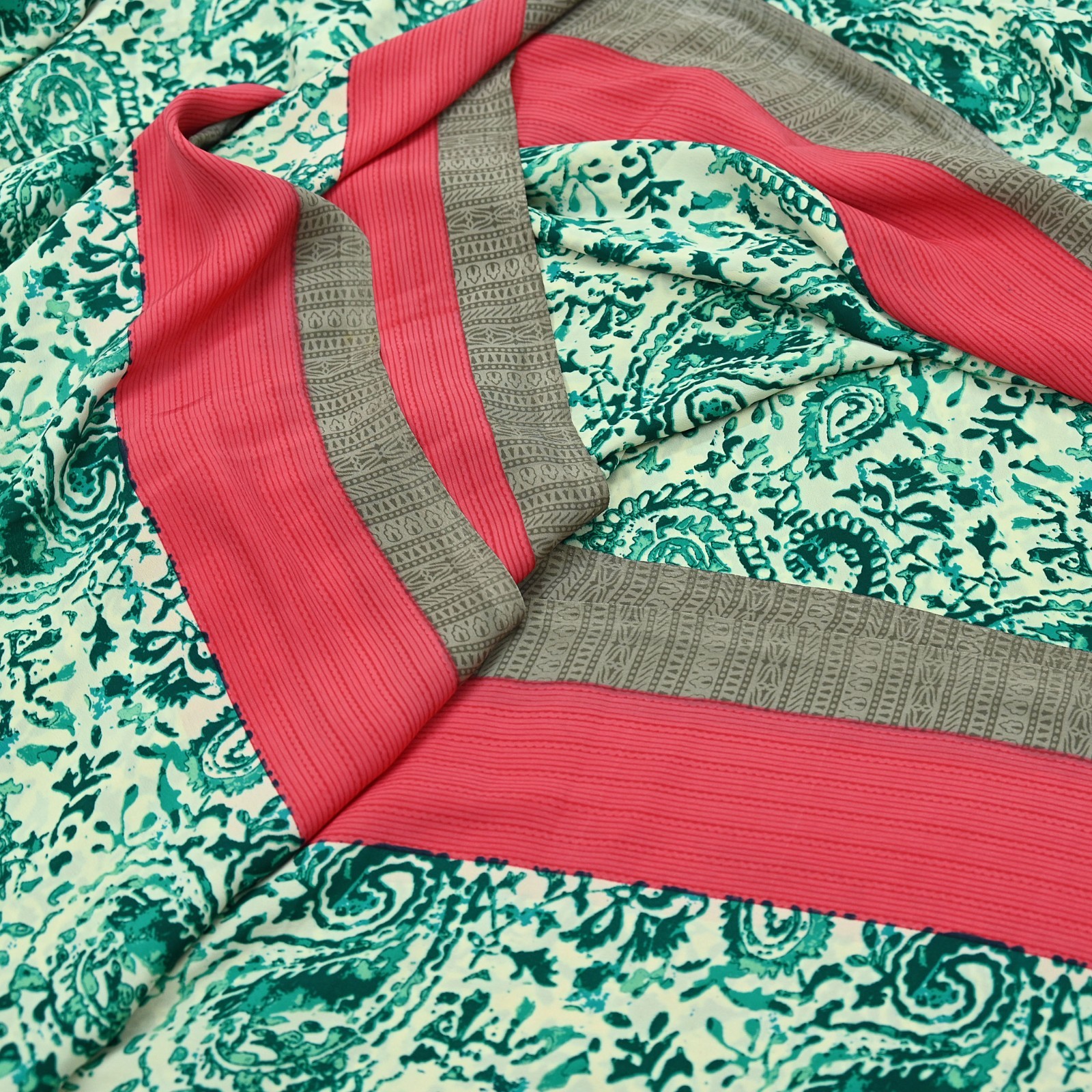 Indian Vintage Sari Pink & Ivory Moss Crepe Printed Sarees 6yd Craft Fabric soft