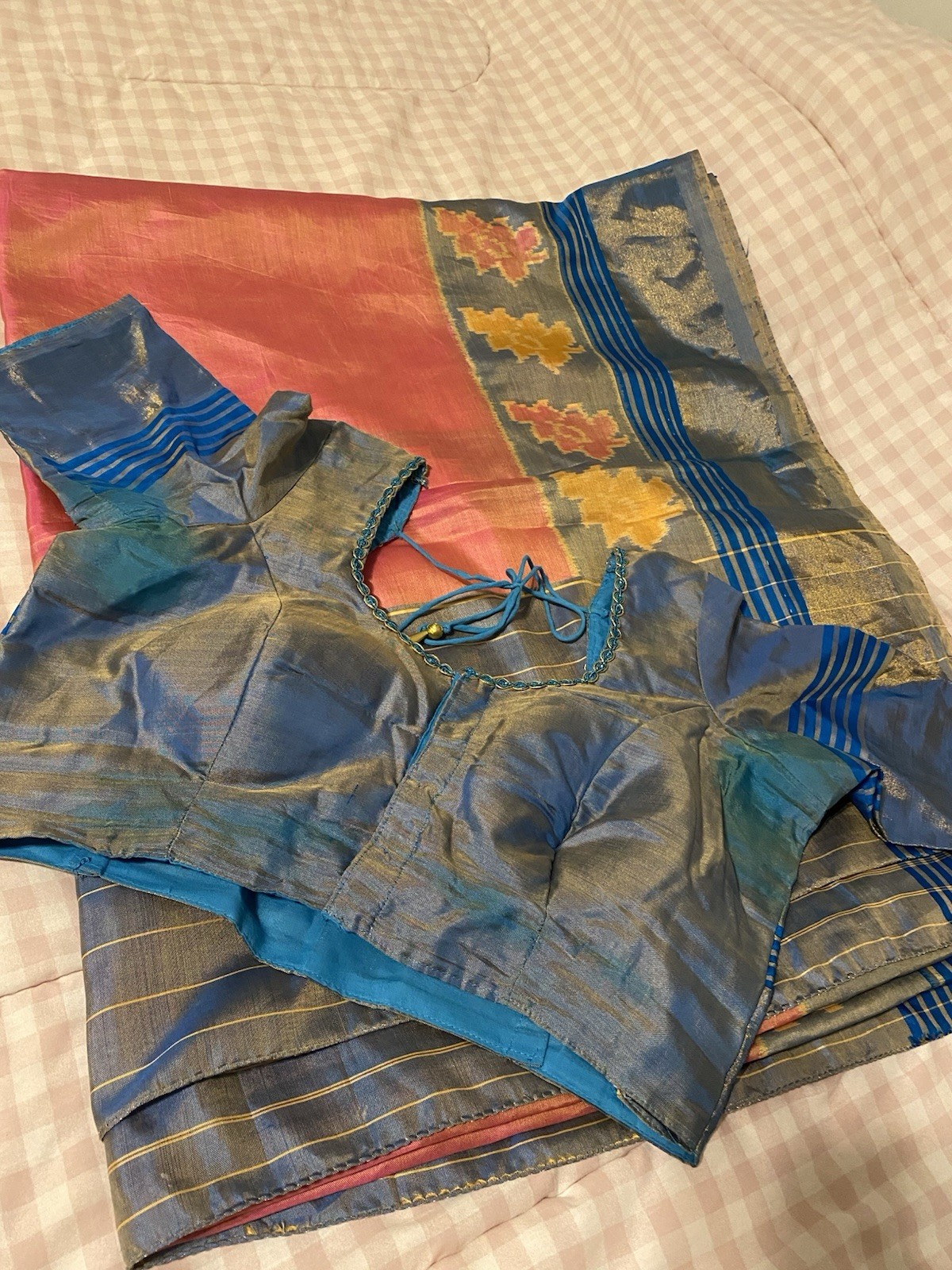 Kavanji Silk Saree Pink Yellow Blue Gold Geometric Pattern Indian Sari w/blouse