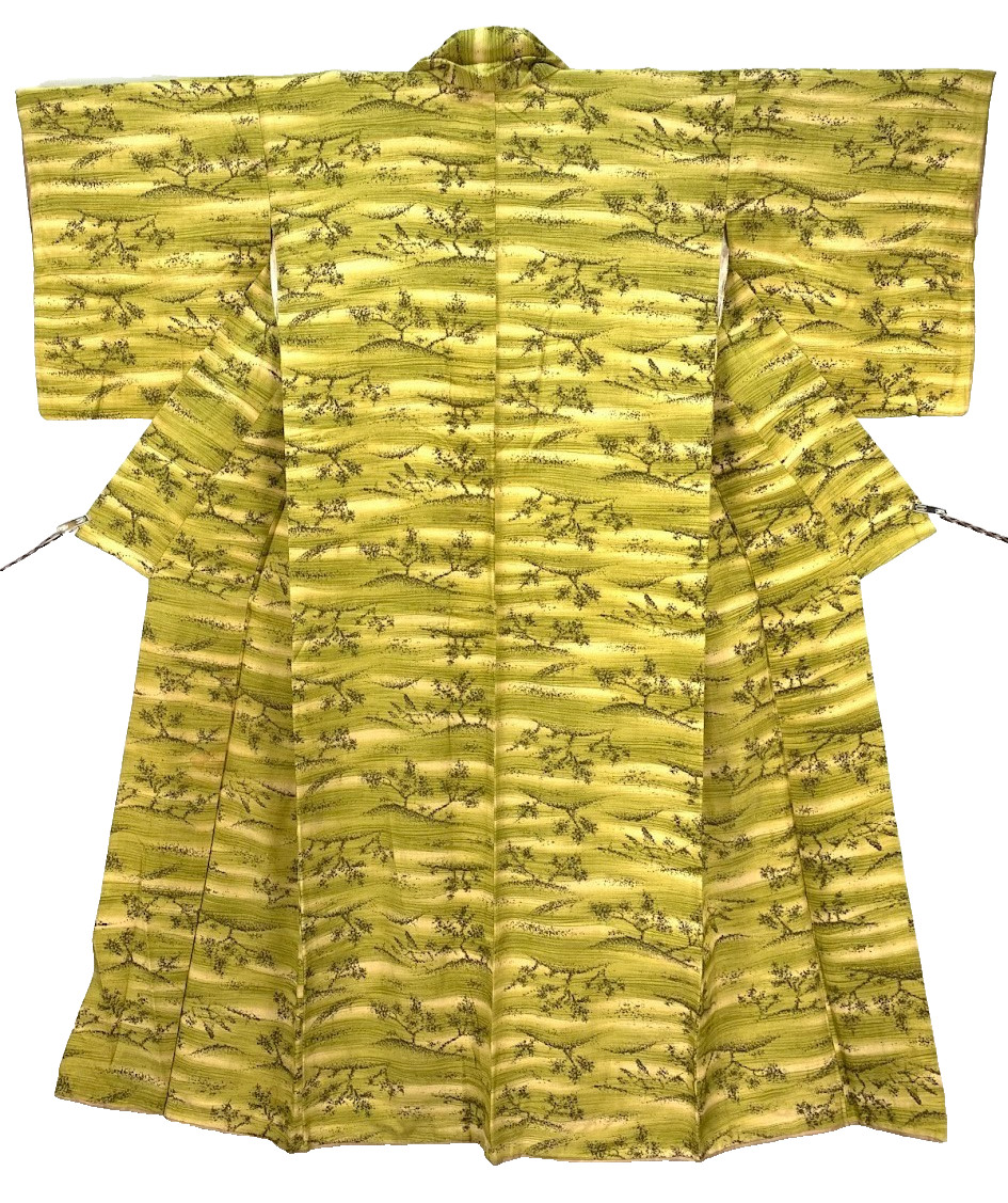 Vintage Tsumugi Kimono Matcha Green Stripe Landscape Silk Robe Long Duster Coat