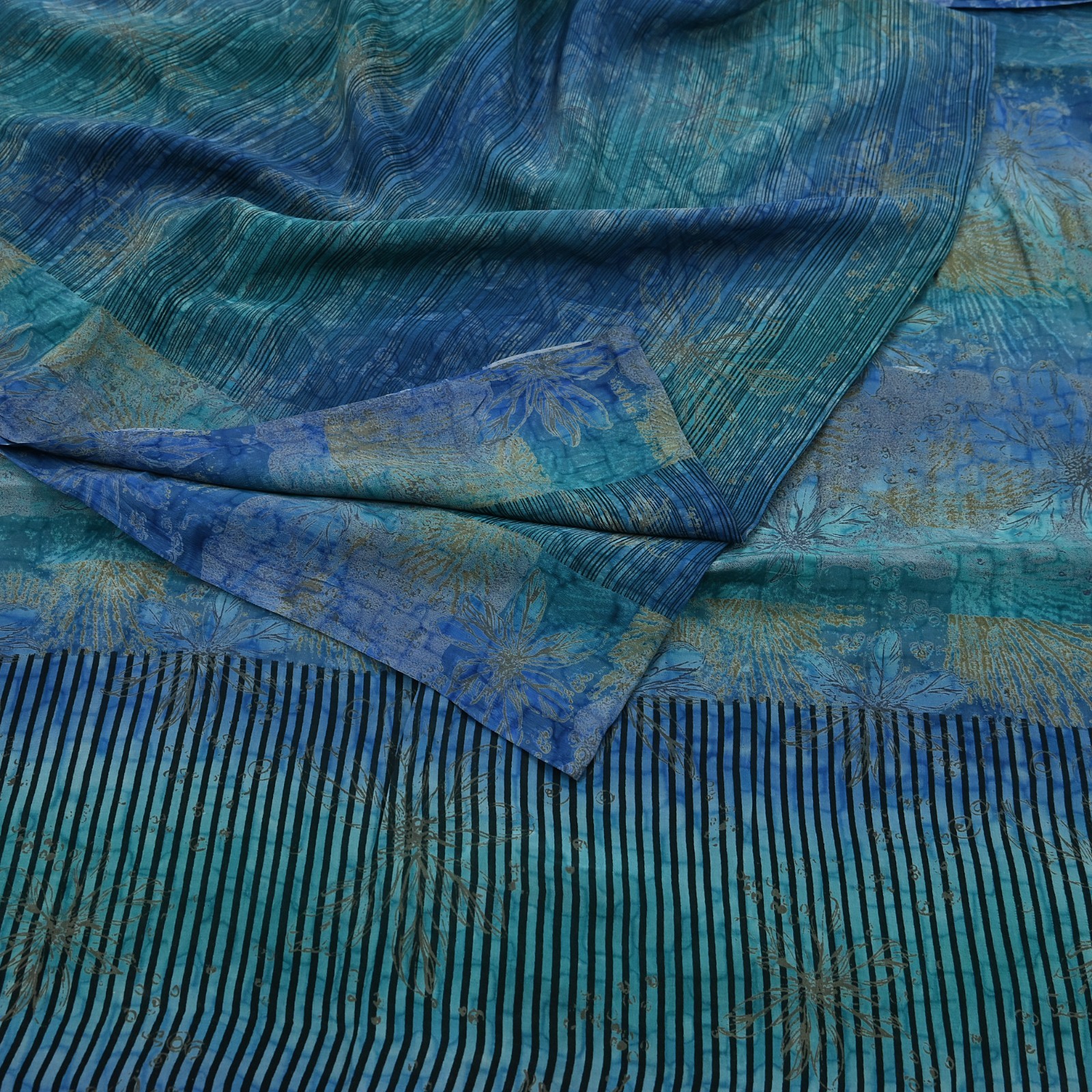 Vintage Blue Green Crepe Silk Saree Indian Pure Silk Printed Floral 6Yard Fabric