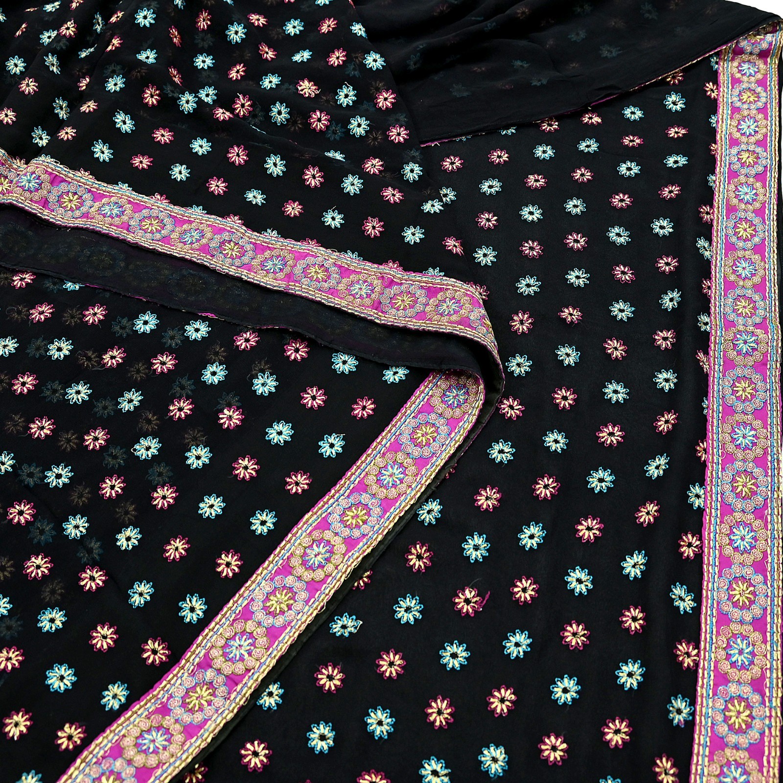 Vintage Black Saree Blend Georgette Hand Embroidered Sari Fabric 5Yard Sewing