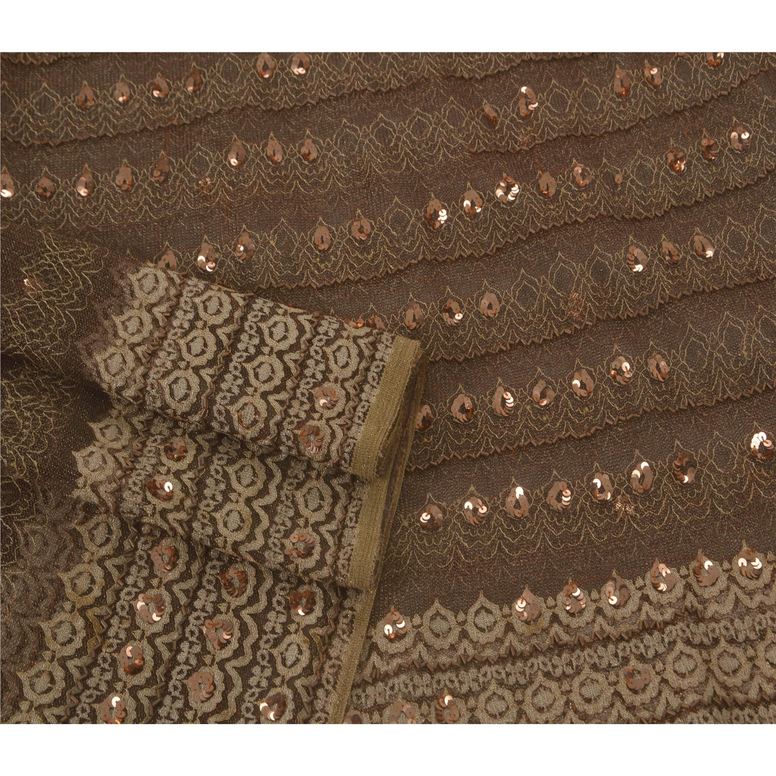 Sanskriti Vintage Brown Saree Net Mesh Hand Beaded 5Yd Sari Craft Fabric Premium