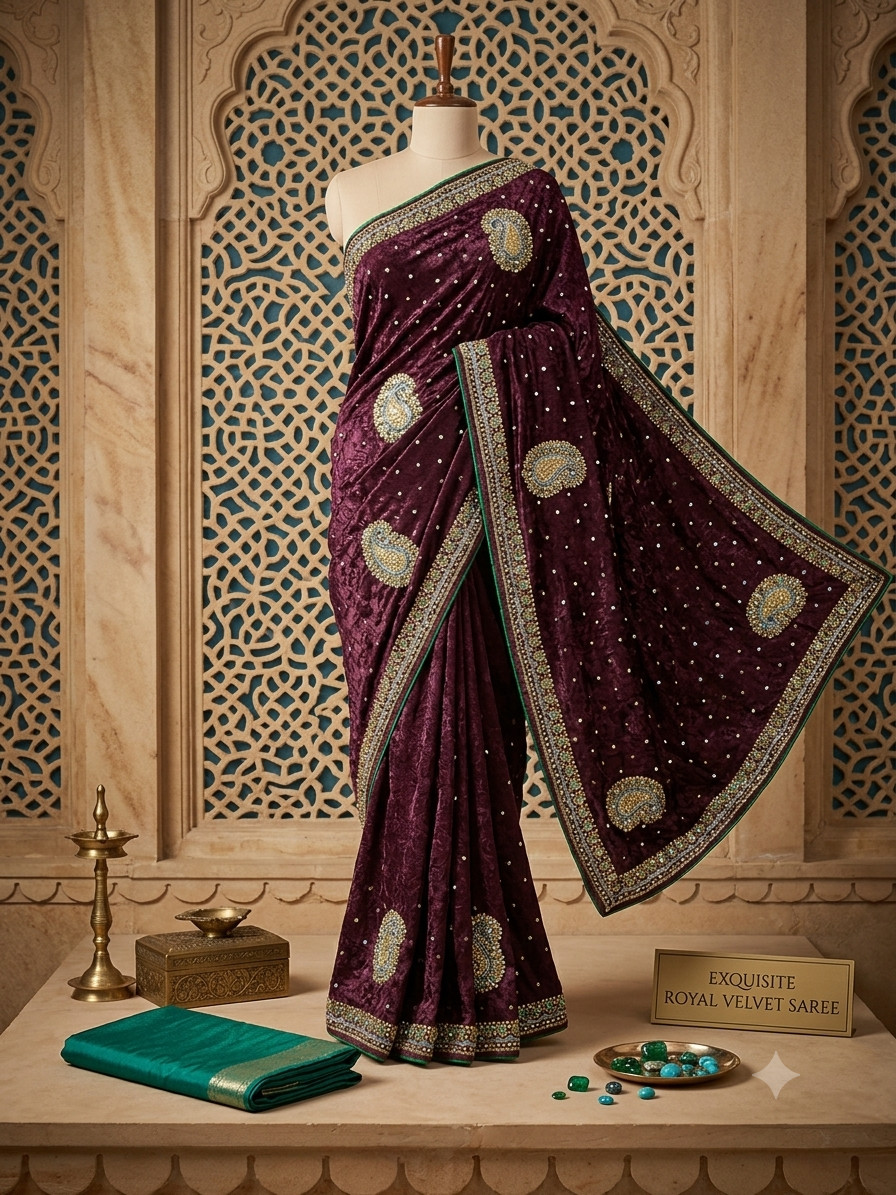 Women Paisley Jacquard Silk Handwork Saree with Unstitched Blouse Piece