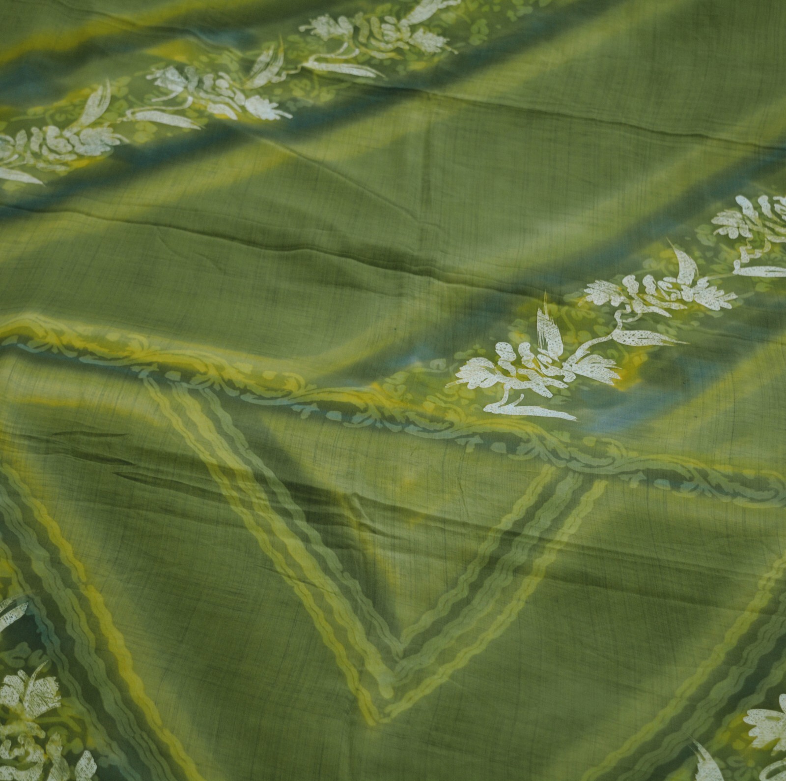 Vintage Green Saree Pure Crepe Silk Printed Indian Sari Fabric 5yd Sewing Floral