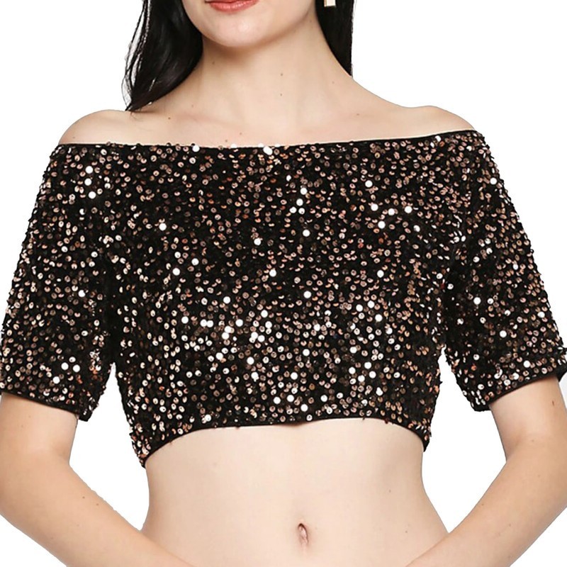 Women’s Sequins Off Shoulder Blouse Designer Readymade Stitch Crop Top Choli