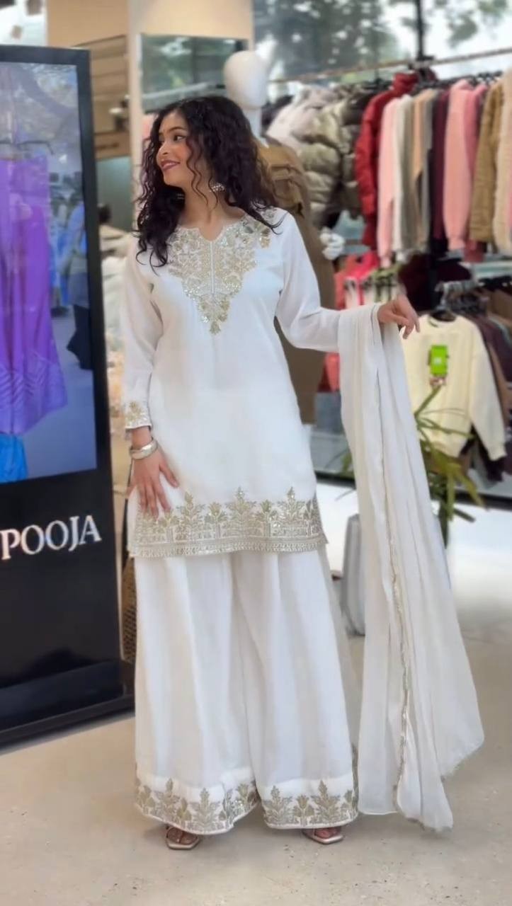 Premium Designer White Silk Kurta Palazzo With Dupatta For Women & Girls