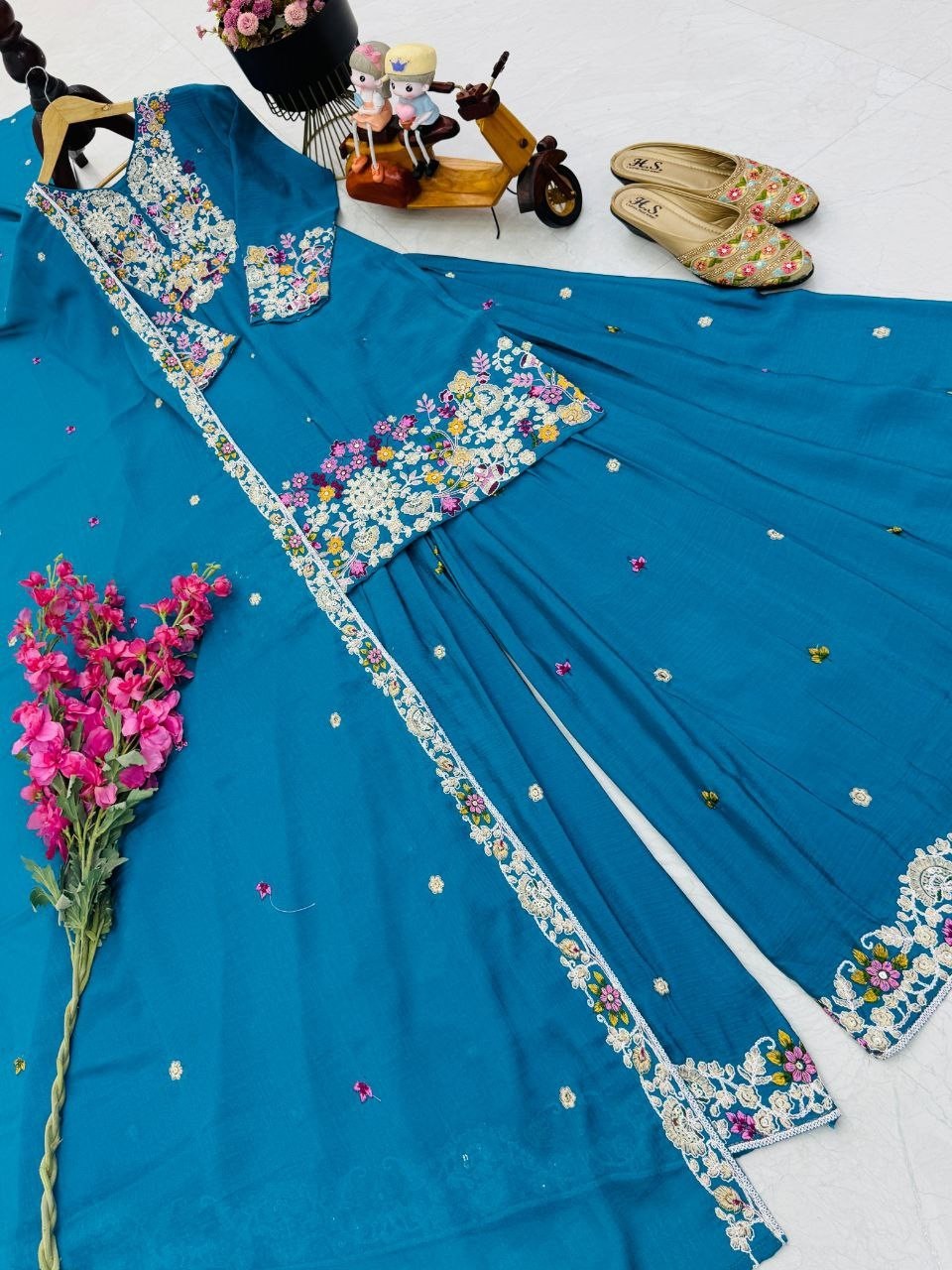 Stunning Look Blue Chinon Silk Palazzo Suit And Dupatta For Ethnic Wear