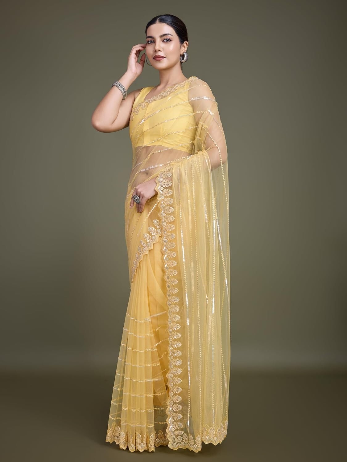Women’s Sequin Work Soft Net Fancy Look Saree With Unstitched Blouse Piece
