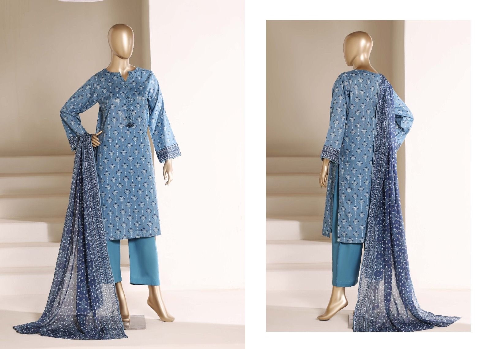 Pakistani Light Blue & Dark Blue Printed Straight Shirt 3-PCS Lawn Suit ,M