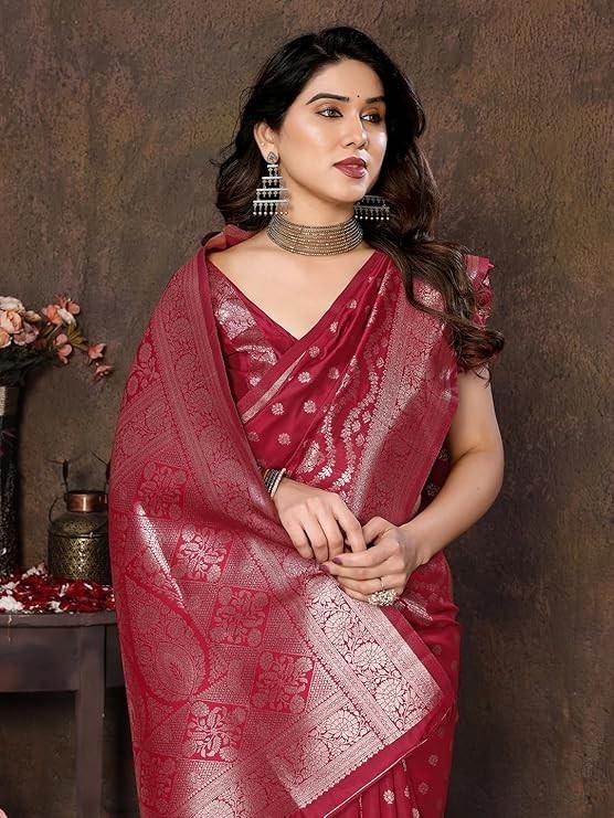 Women’s Banarasi Kanjivaram Cotton Silk Saree With Unstitched Blouse Material