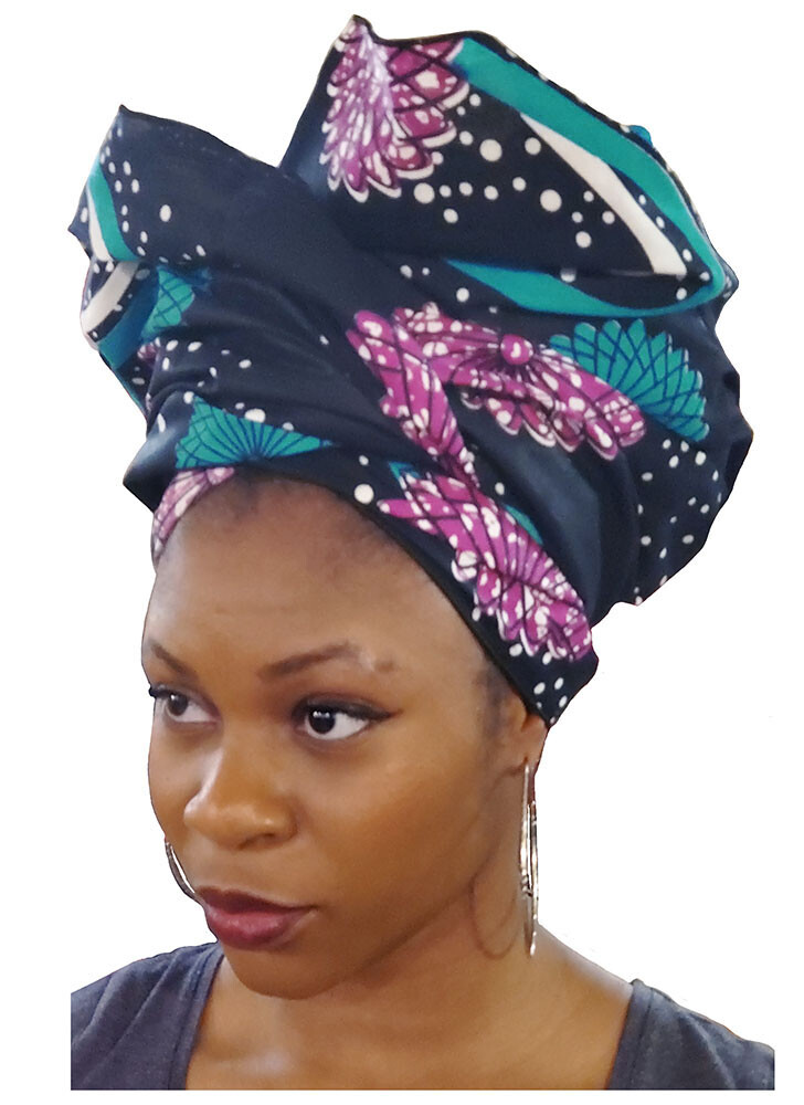 Navy-blue, purple, and Teal African Print Head wrap DP5006H