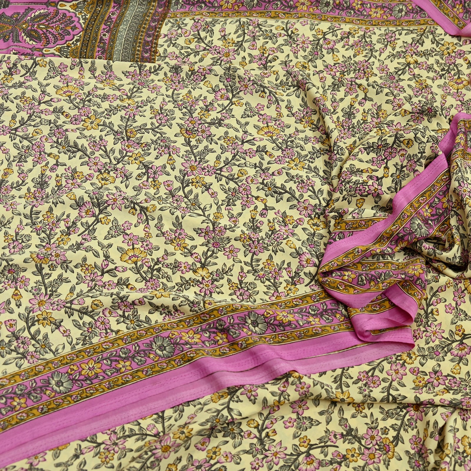 Vintage Sari Ivory & Pink Moss Crepe Printed Sarees 5yd Craft Fabric Sewing Soft