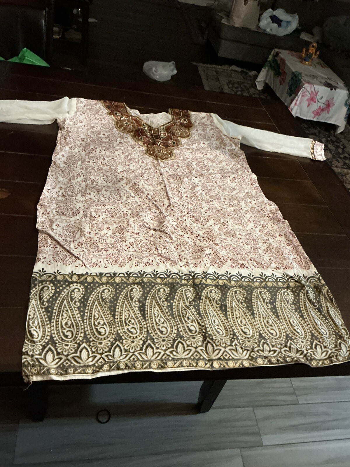 chiffon sleeve, sequined, paisley print cotton kurti, tunic, 37″ long, bust 46″,