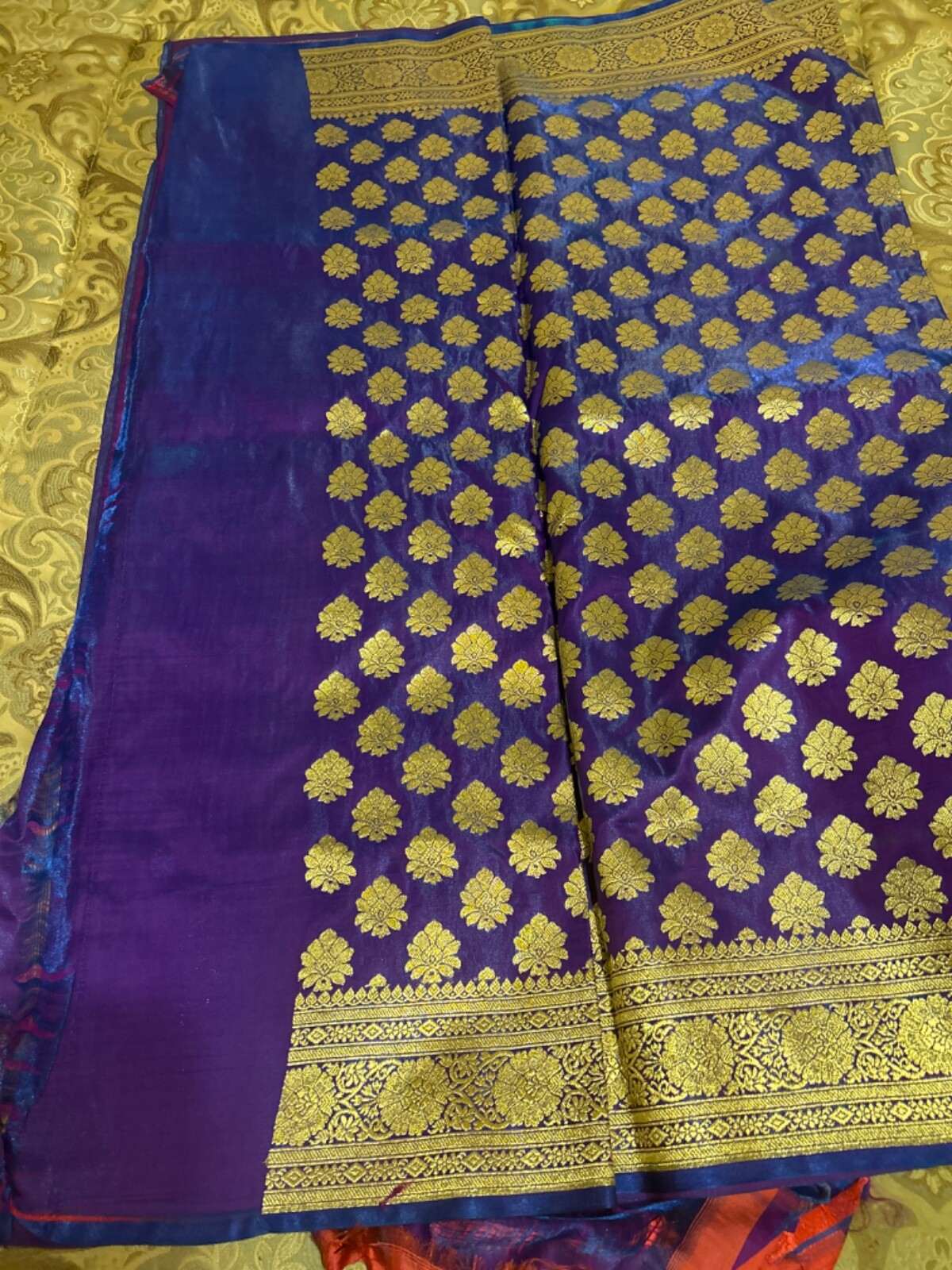 Dark Blue/Purple Banarasi Style Silk Saree with Unstitched Blouse