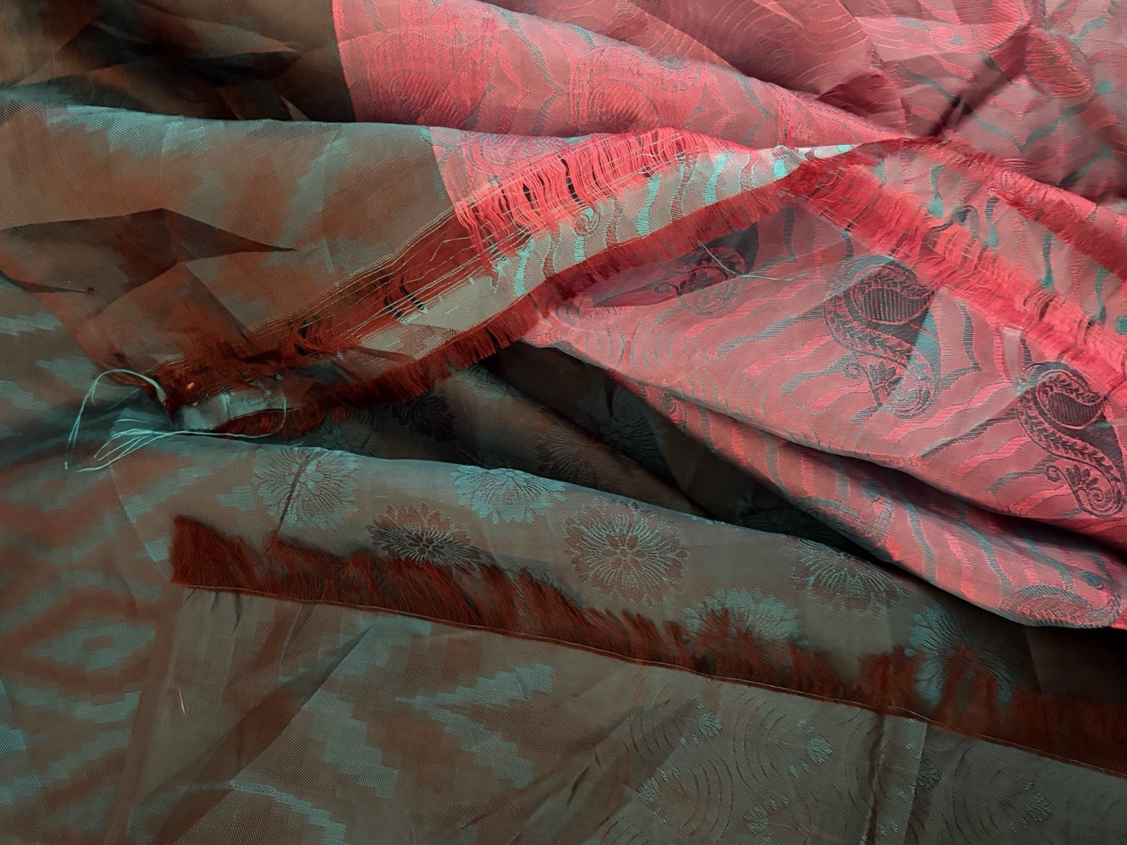 Iridescent Bollywood 100% Silk Sari ~Magenta-Deep Teal-18 Ft x46″~EXC