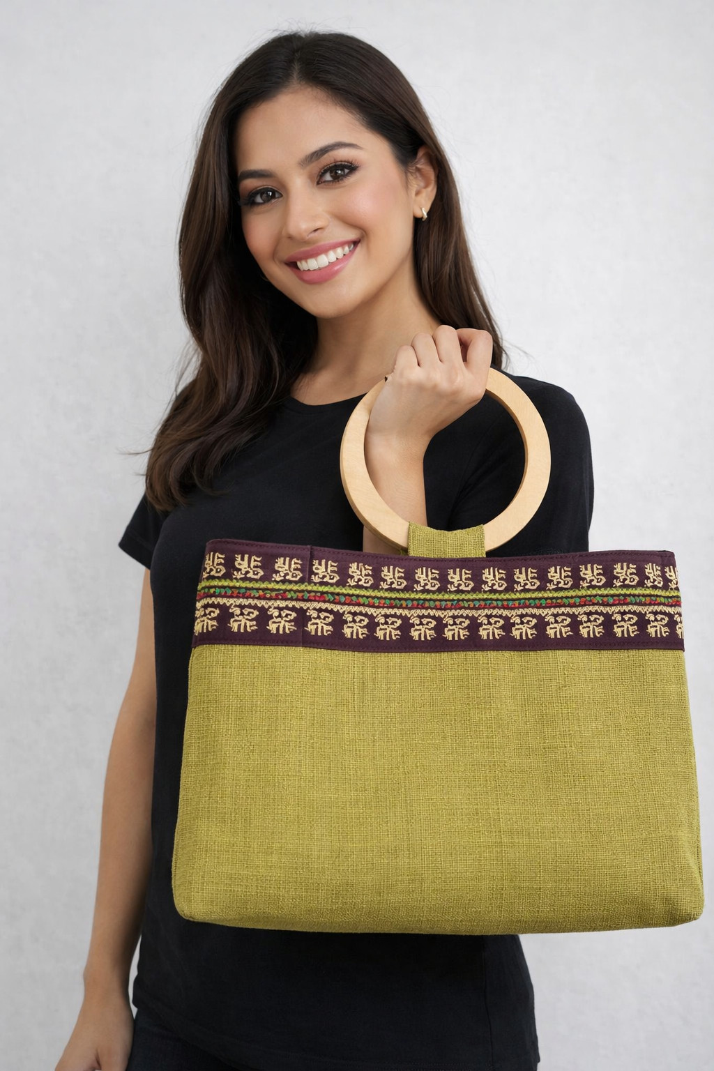 3pc Handmade Palestinian Tatreez Set: Olive Green Bag Wood Handle Scarf Necklace