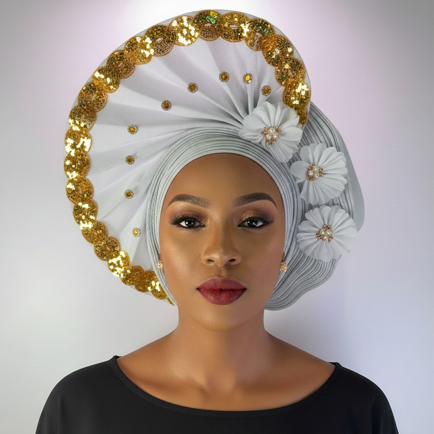 African Gele Fabric Turban Headtie Made Aso-Oke Auto Gele Beaded Head Wear Hat