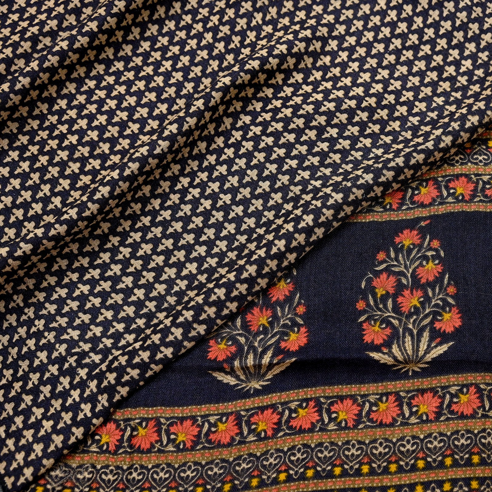 Vintage Black & Beige Saree Pure Woolen Woven Printed Sari Warm Craft Fabric 5Yd