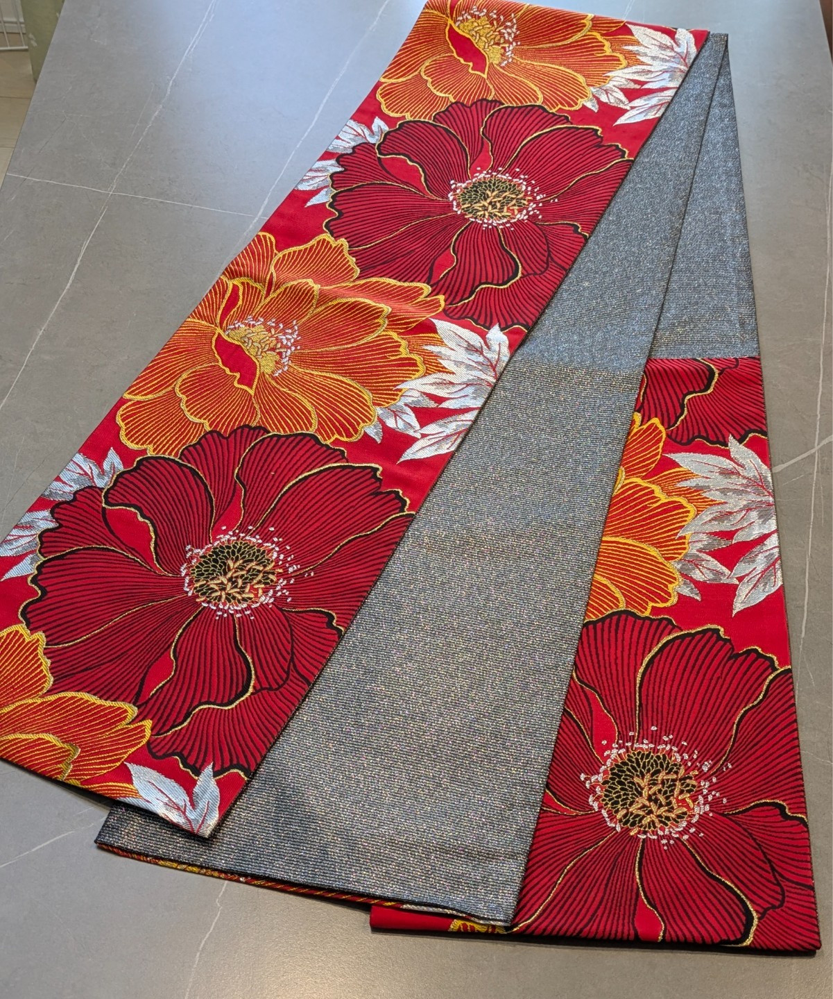 Authentic Japanese Kimono Silk Furisode Obi Red Gold Silver Floral Textile Art