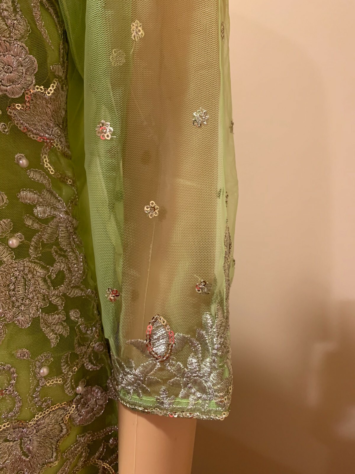 Soft Net Shirt with Embroidery, Beads and Pearls Shalwar Kameez Indian/Pakistani