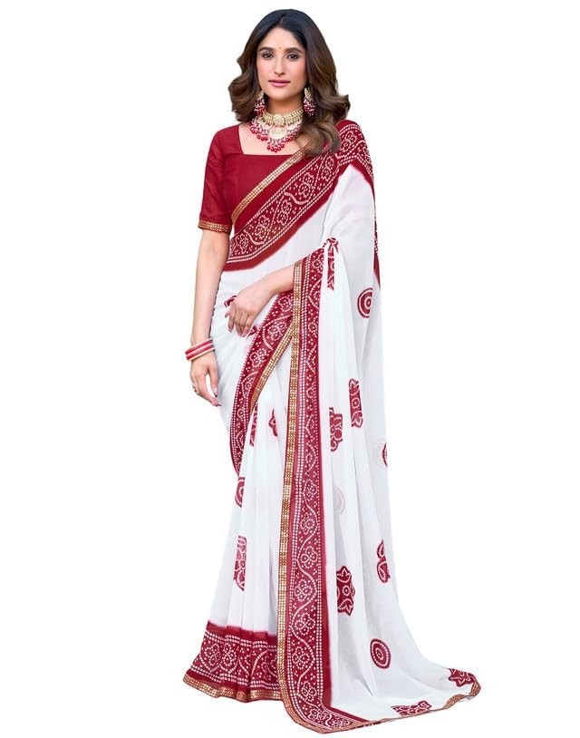 Women’s Georgette Bandhani Printed Saree With Unstitched Blouse Piece