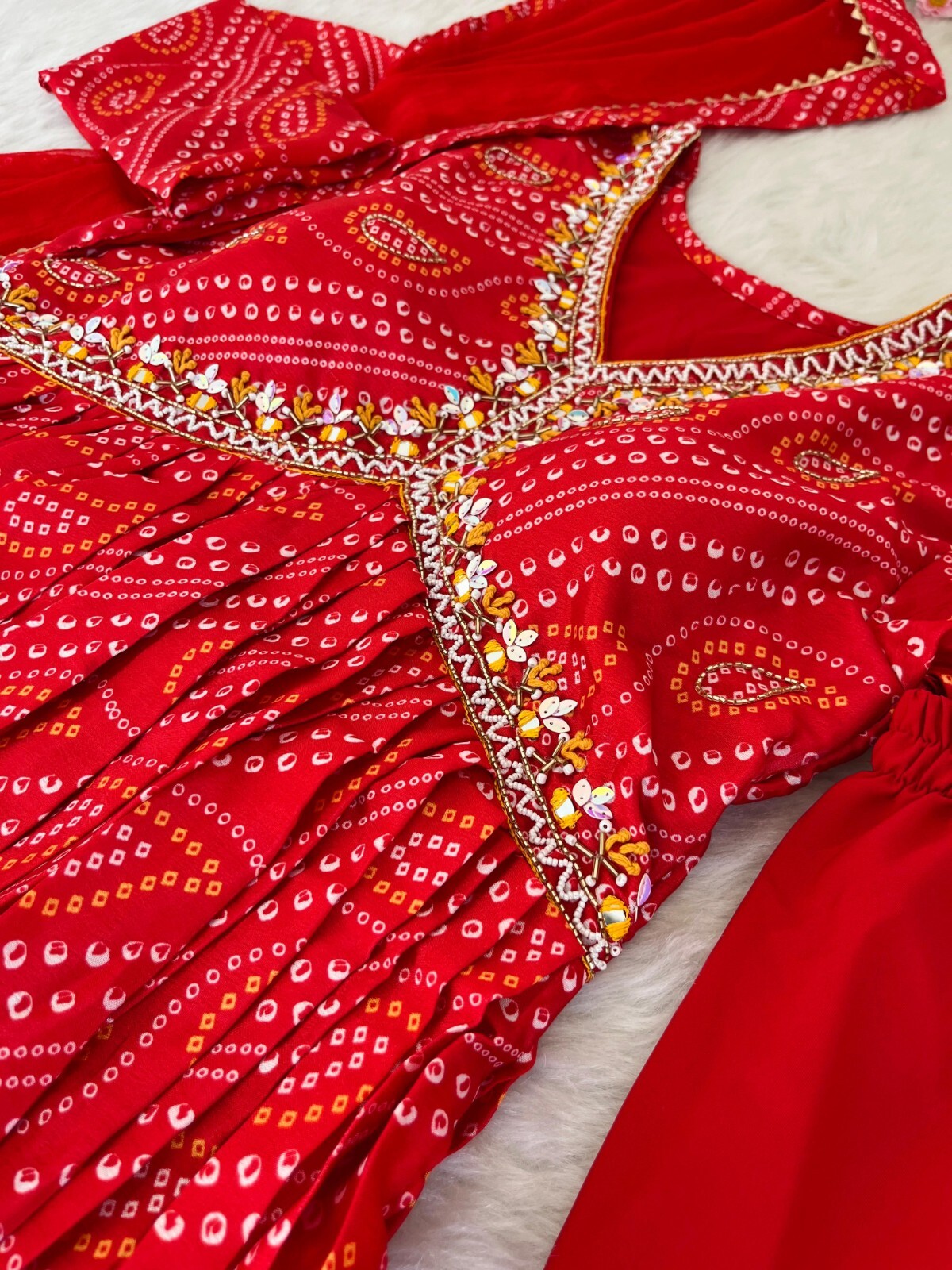 Red Bandhej Anarkali Kurta Pant Dupatta Set Hand Work Kurtis & Kurtas Suit Set