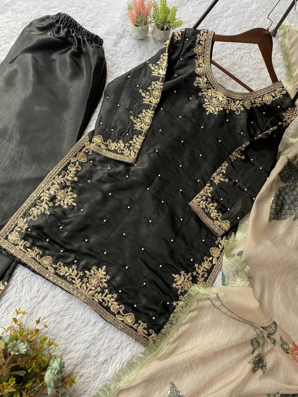 New Designer Heavy Silk Black Top Palazzo With Dupatta For Wedding Wear